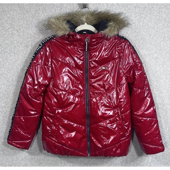 Tommy Hilfiger Girls Puffer Jacket 12/14 Lg Red High Shine Chevron Scarlet Logo